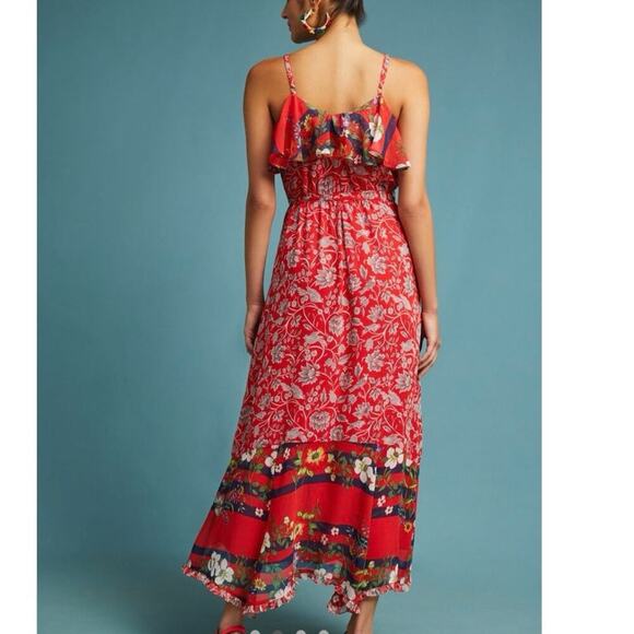 One September Red Floral Maxi Dress XS Boho Ruffle Sleeveless Anthropologie - Picture 2 of 7